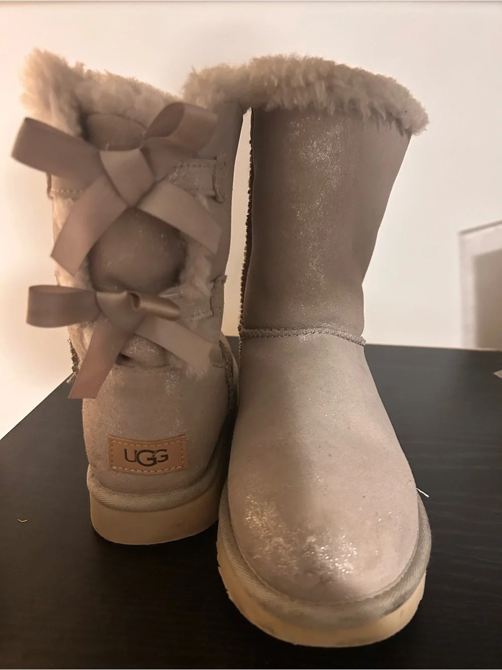 UGG Light Taupe Short Shearling Boots with Satin Bows